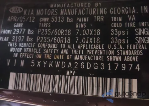 2013 Kia Sorento Sx V6 from USA, damaged, VIN 5XYKWDA26DG317974